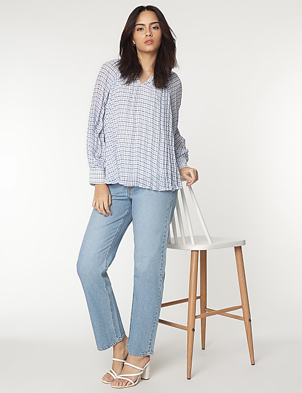 V-Neck Checked Blouse