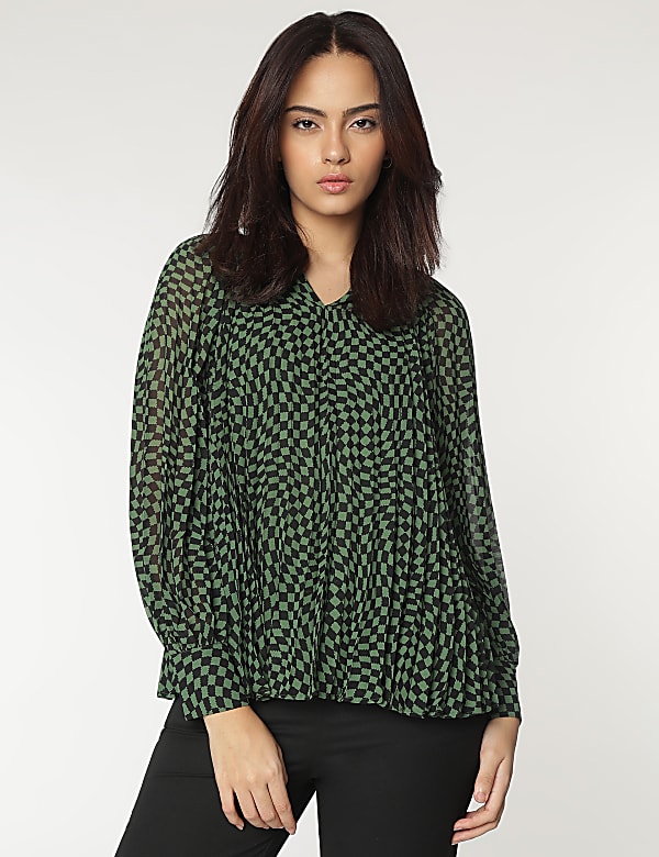 V-Neck Checked Blouse