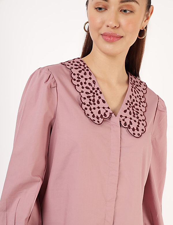 Pure Cotton Embroidered Puritan Collar Top