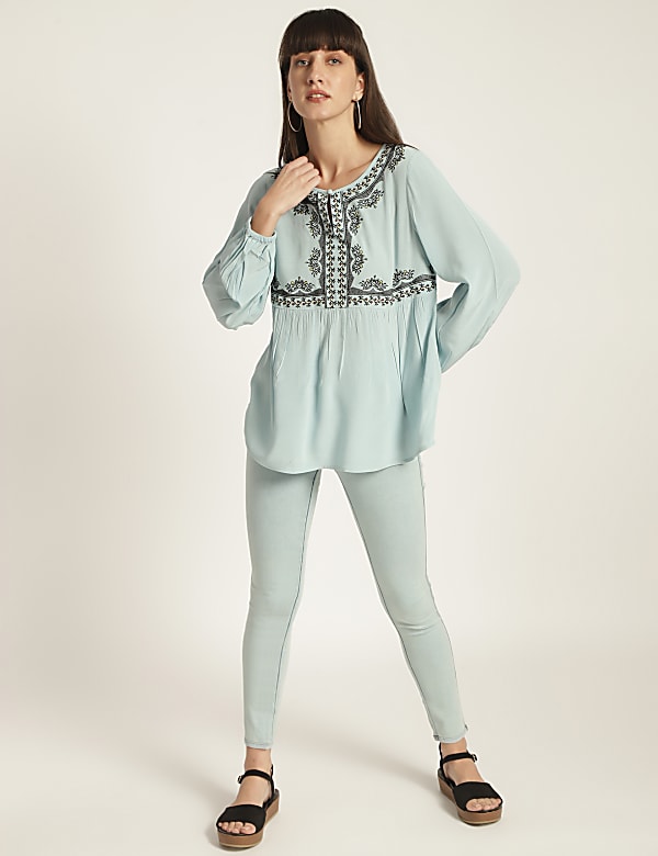 Pure Viscose Embroidery Keyhole Neck Blouse