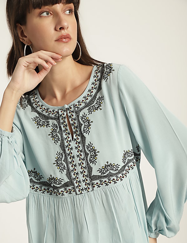 Pure Viscose Embroidery Keyhole Neck Blouse