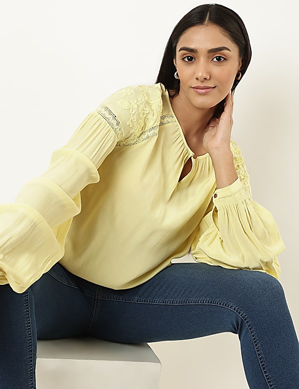 Pure Viscose Embroidered Keyhole Neck Tunic