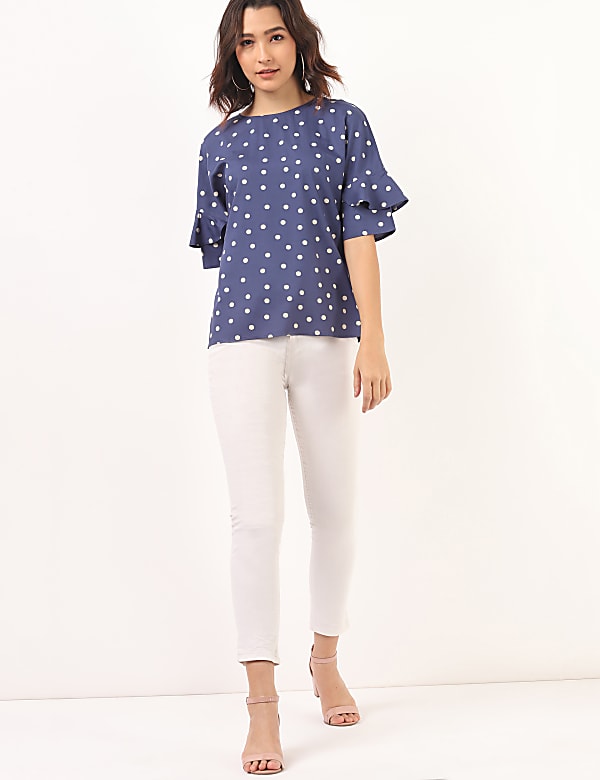 Pure Viscose Polka Dots Round Neck Top