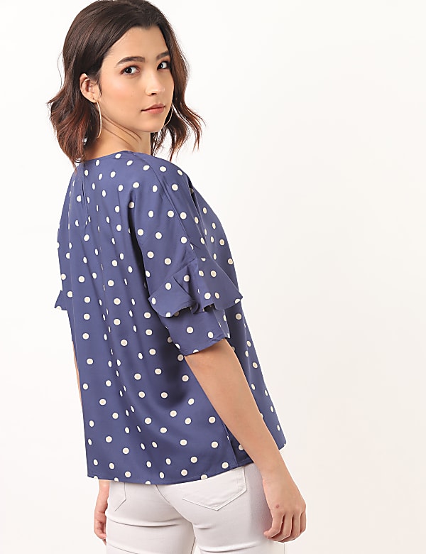 Pure Viscose Polka Dots Round Neck Top