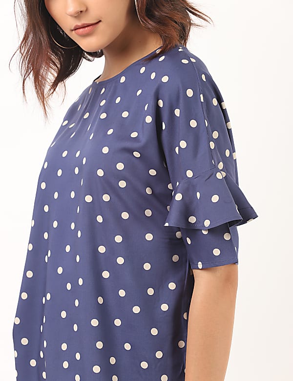 Pure Viscose Polka Dots Round Neck Top