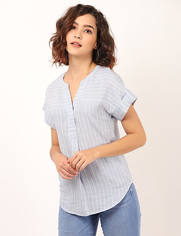 Linen Mix Striped Mandarin Collar Top
