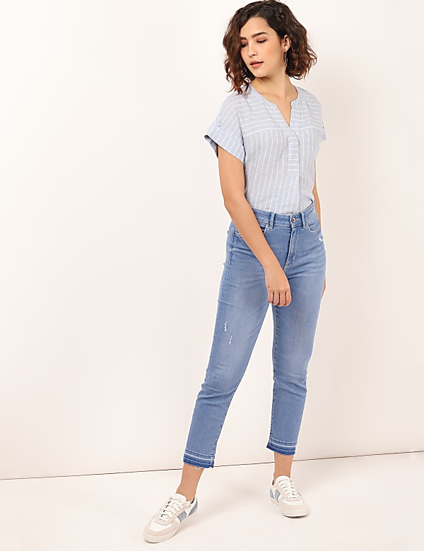 Linen Mix Striped Mandarin Collar Top