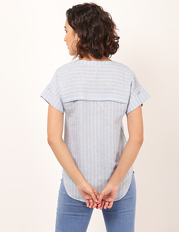 Linen Mix Striped Mandarin Collar Top