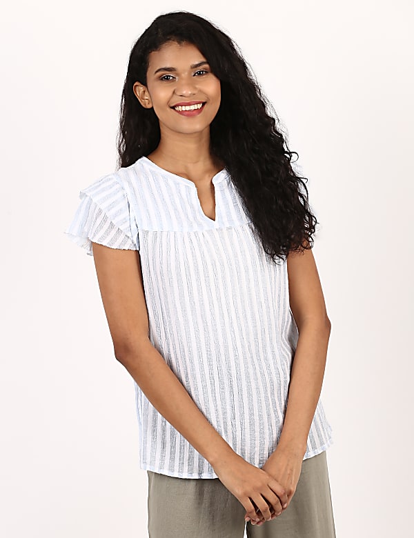 Vertical Stripe Sleeve Frill Top