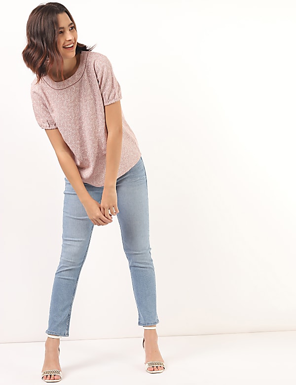 Flax Linen Mix Printed Round Neck Top