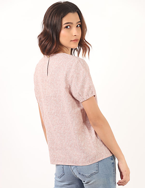 Flax Linen Mix Printed Round Neck Top