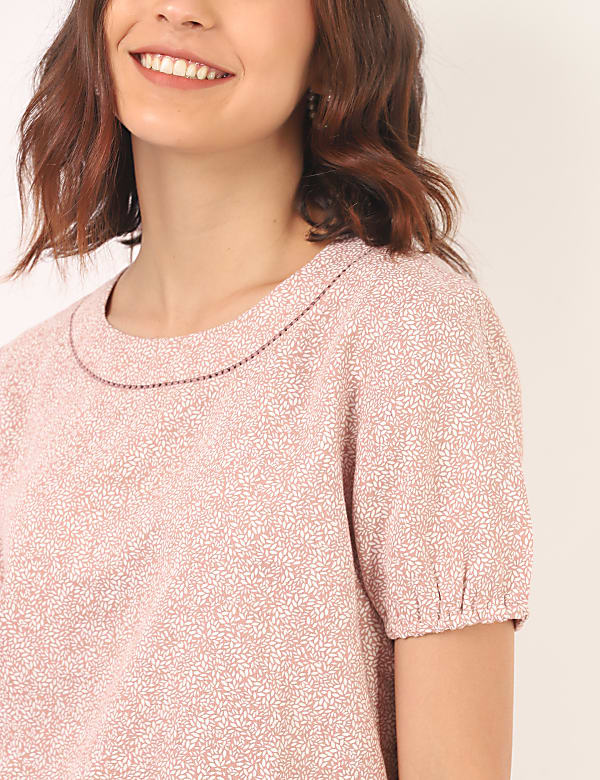 Flax Linen Mix Printed Round Neck Top