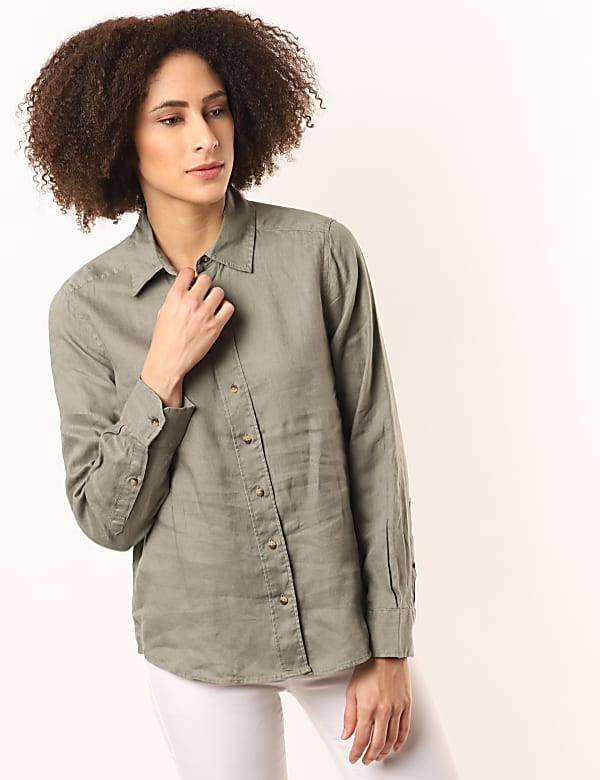 Pure Linen Plain Spread Collar Shirt