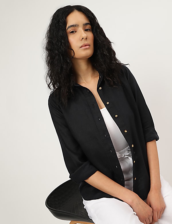 Pure Linen Plain Spread Collar Shirt