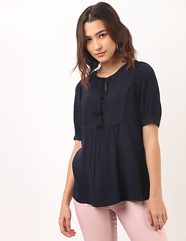 Pure Viscose Plain Tie-Up Neck Blouse
