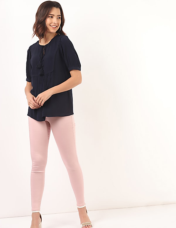 Pure Viscose Plain Tie-Up Neck Blouse