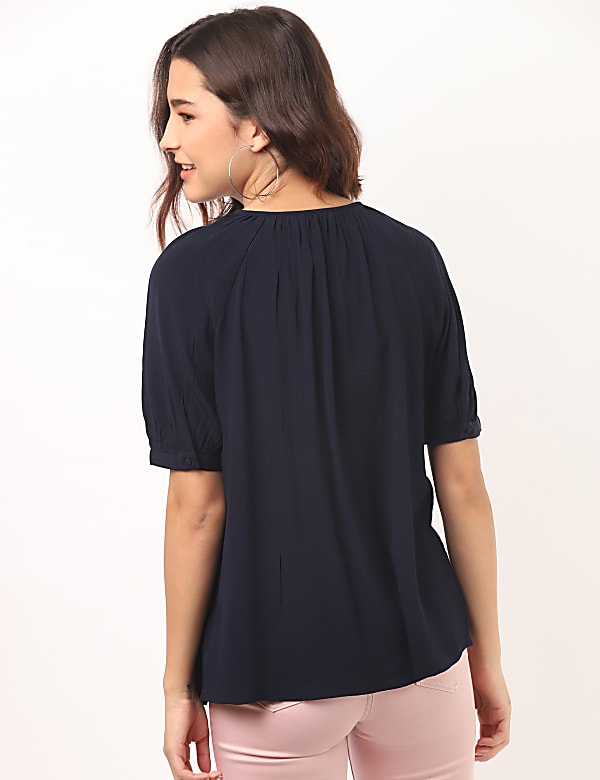 Pure Viscose Plain Tie-Up Neck Blouse