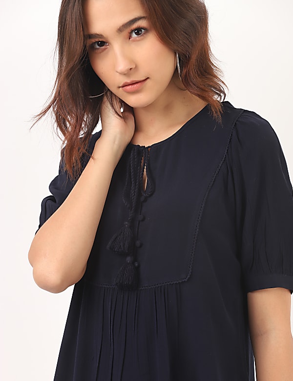 Pure Viscose Plain Tie-Up Neck Blouse