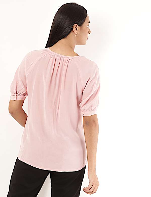 Pure Viscose Plain Tie-Up Neck Blouse