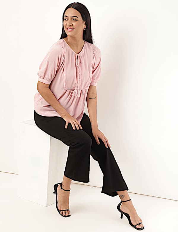 Pure Viscose Plain Tie-Up Neck Blouse