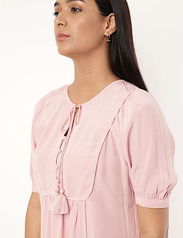 Pure Viscose Plain Tie-Up Neck Blouse