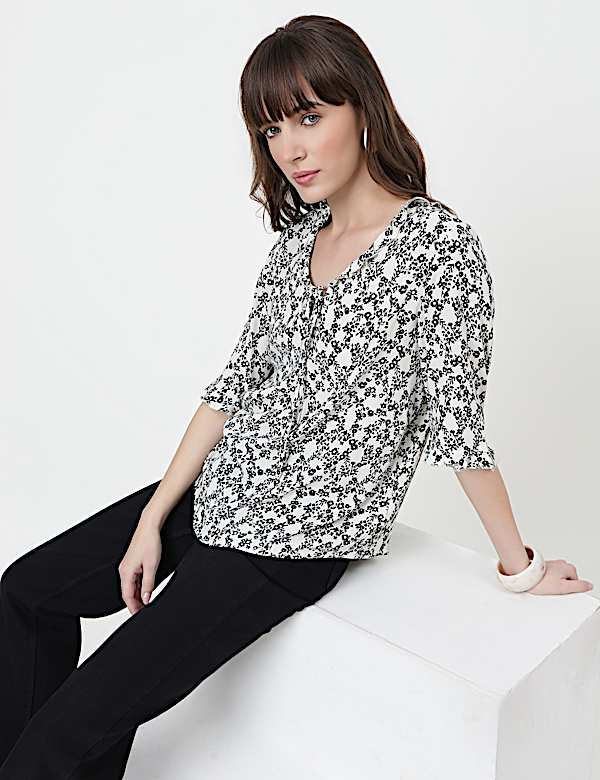 Pure Viscose Floral Print Ruffled Neck Top