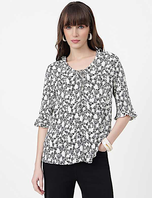 Pure Viscose Floral Print Ruffled Neck Top