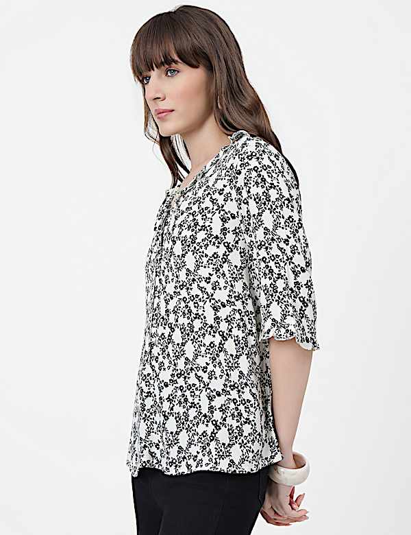 Pure Viscose Floral Print Ruffled Neck Top
