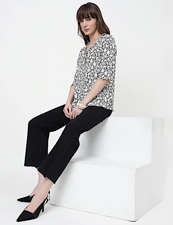 Pure Viscose Floral Print Ruffled Neck Top
