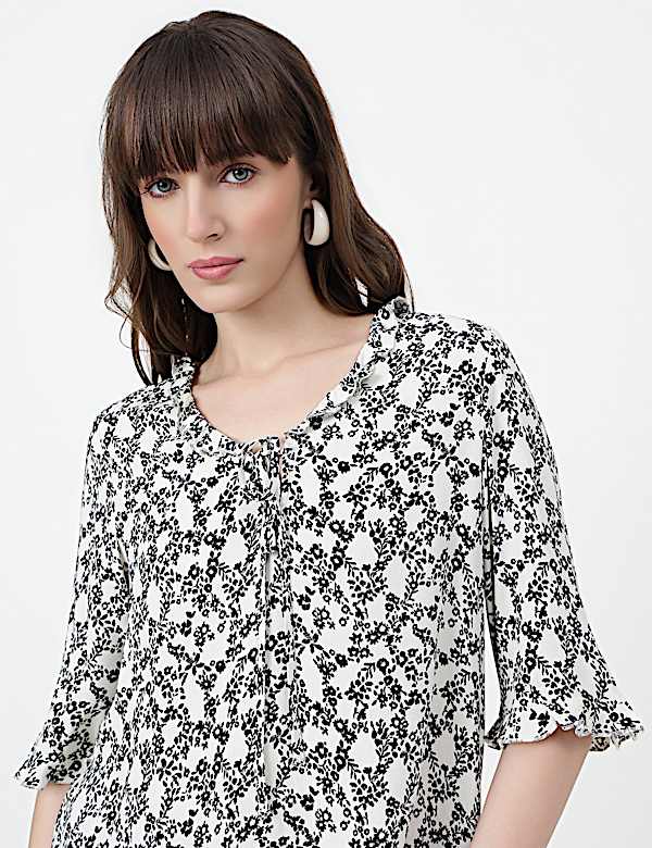 Pure Viscose Floral Print Ruffled Neck Top