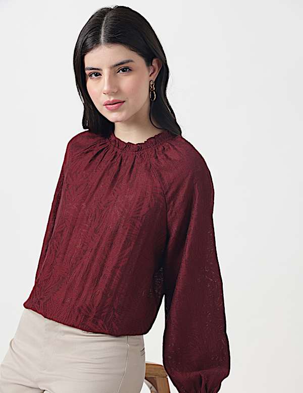 Viscose Mix Leaf Ruffle Neck Blouson Top