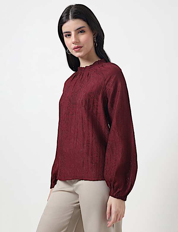 Viscose Mix Leaf Ruffle Neck Blouson Top