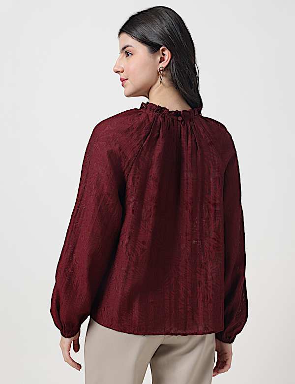 Viscose Mix Leaf Ruffle Neck Blouson Top