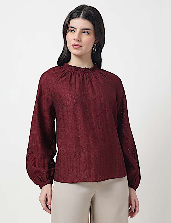 Viscose Mix Leaf Ruffle Neck Blouson Top