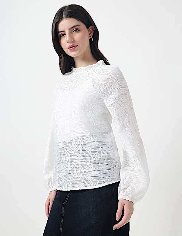 Viscose Mix Leaf Ruffle Neck Blouson Top