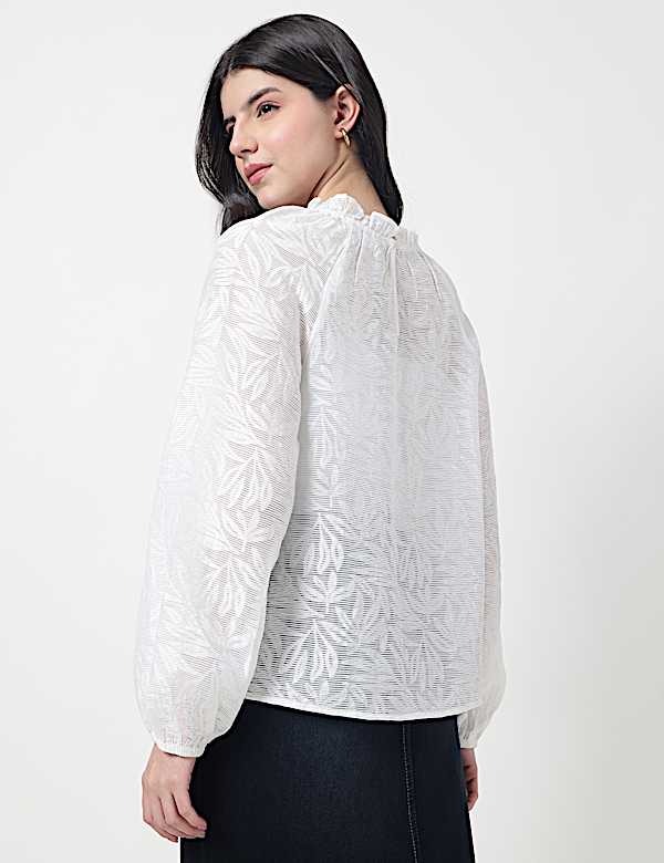 Viscose Mix Leaf Ruffle Neck Blouson Top