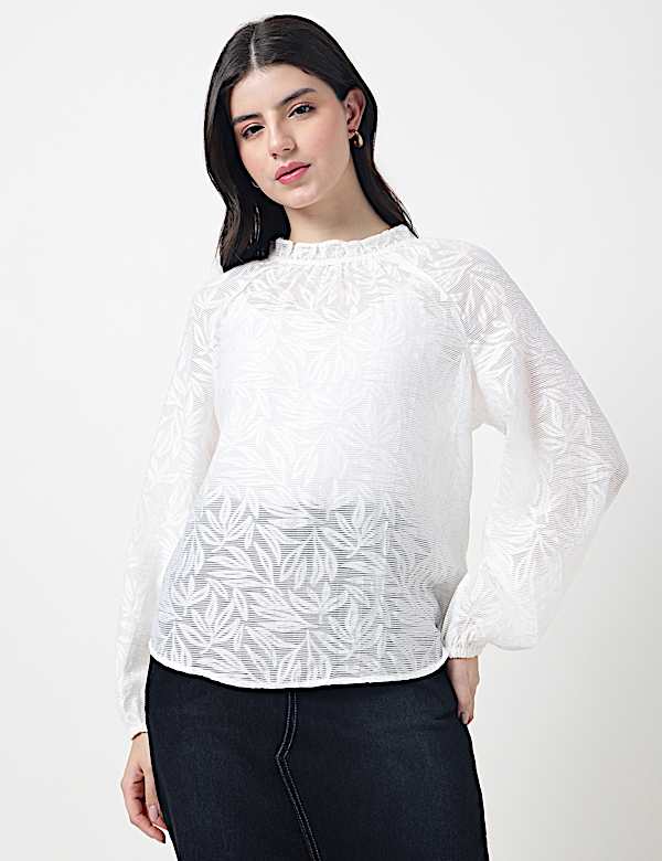 Viscose Mix Leaf Ruffle Neck Blouson Top