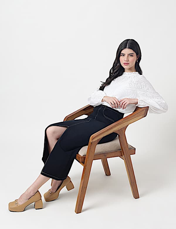 Viscose Mix Leaf Ruffle Neck Blouson Top