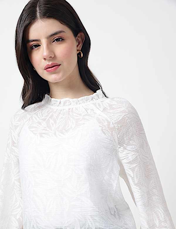 Viscose Mix Leaf Ruffle Neck Blouson Top