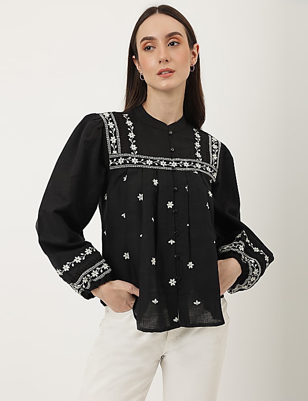 Linen Mix Embroidered Mandarin Collar Top