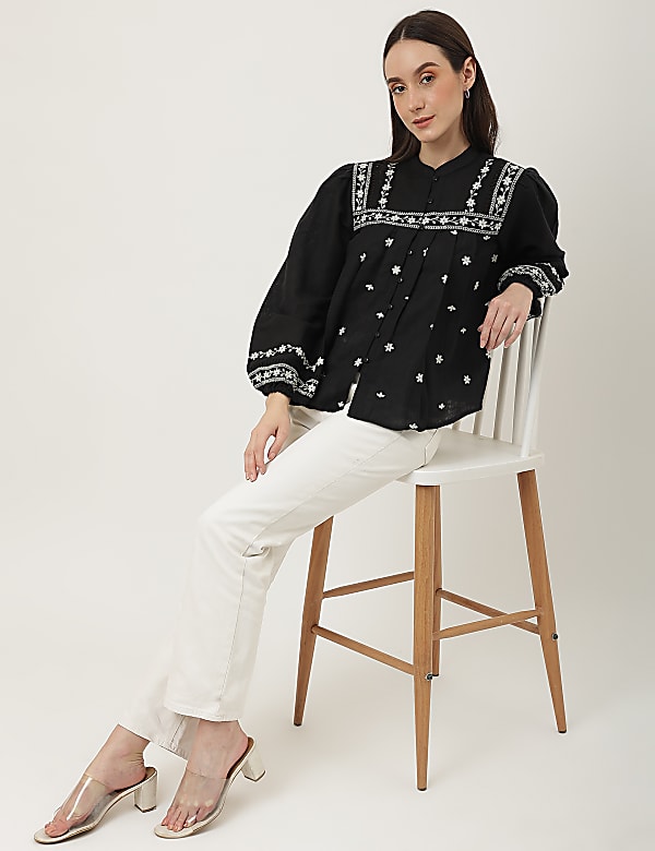 Linen Mix Embroidered Mandarin Collar Top