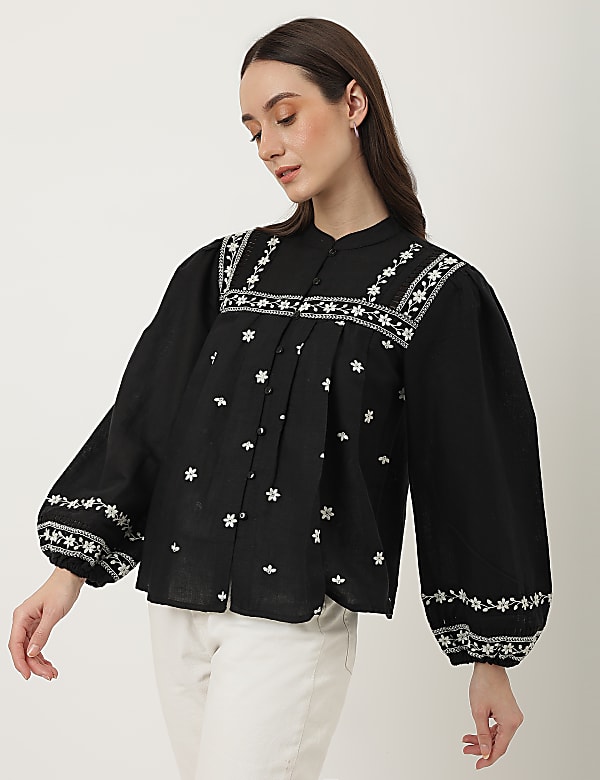 Linen Mix Embroidered Mandarin Collar Top
