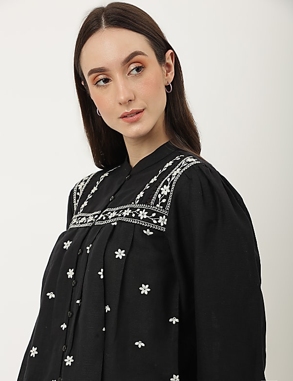 Linen Mix Embroidered Mandarin Collar Top