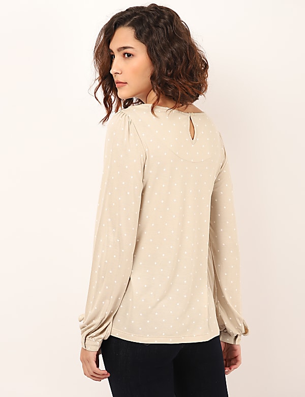 Pure Viscose Polka Dots Keyhole Neck Top