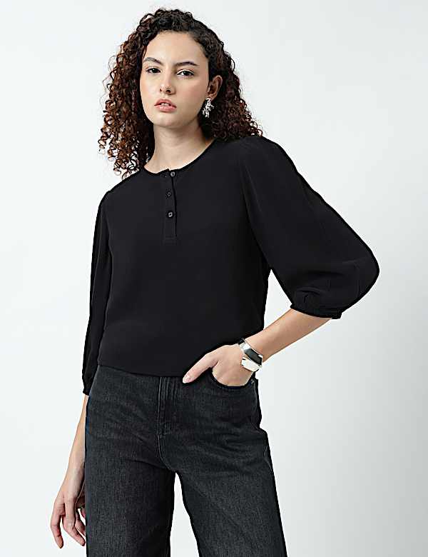 Henley Neck Puff Sleeve Shirt