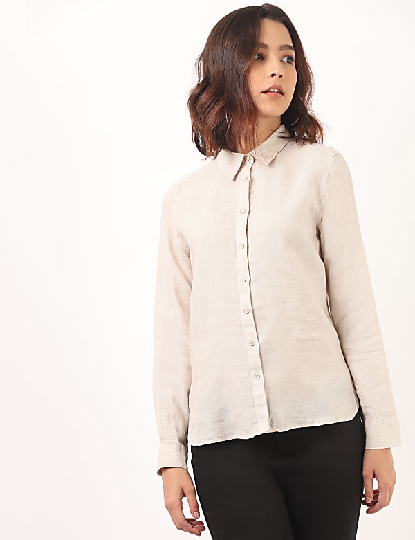 Pure Linen Plain Spread Collar Shirt