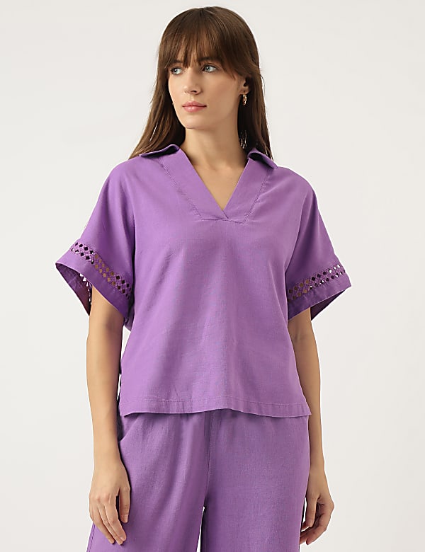Linen Mix Schiffli Embroidery Blouse