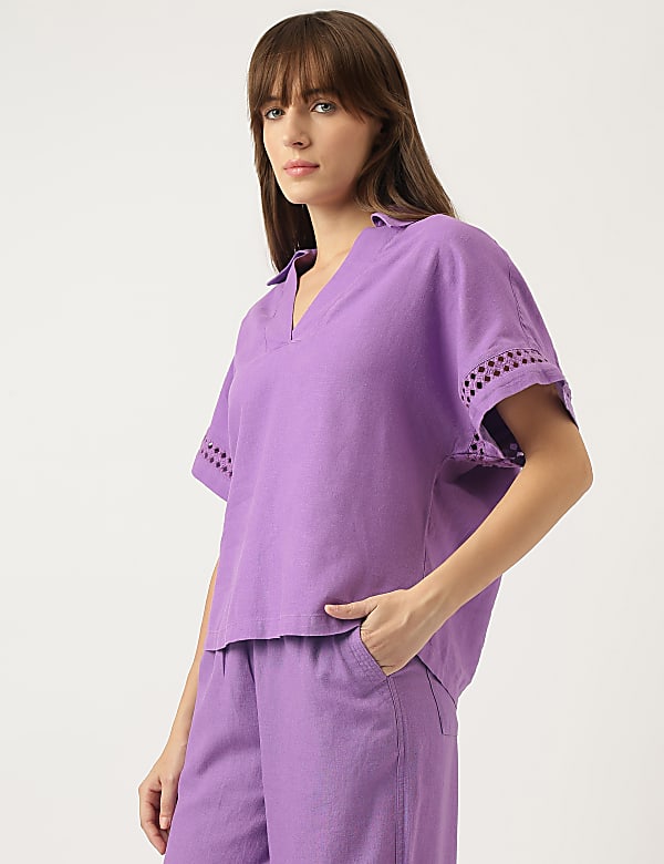 Linen Mix Schiffli Embroidery Blouse