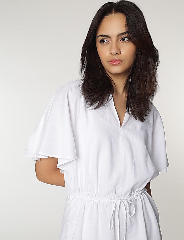 Linen Rich Slit Neck Kaftan Sleeves Dress