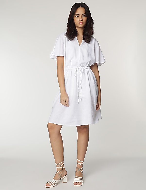 Linen Rich Slit Neck Kaftan Sleeves Dress